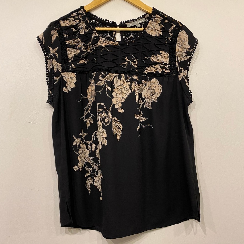 Daniel Rainn Black Floral Bird Print Crochet Lace Pleated Sleeveless Blouse XL